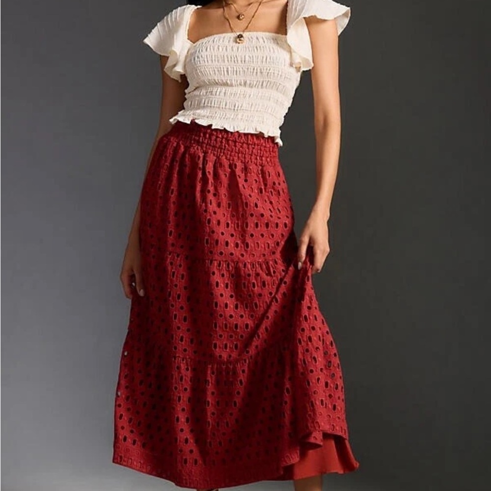 Anthropologie Somerset Rust Red Eyelet Boho Pockets Summer Maxi Skirt Large EUC